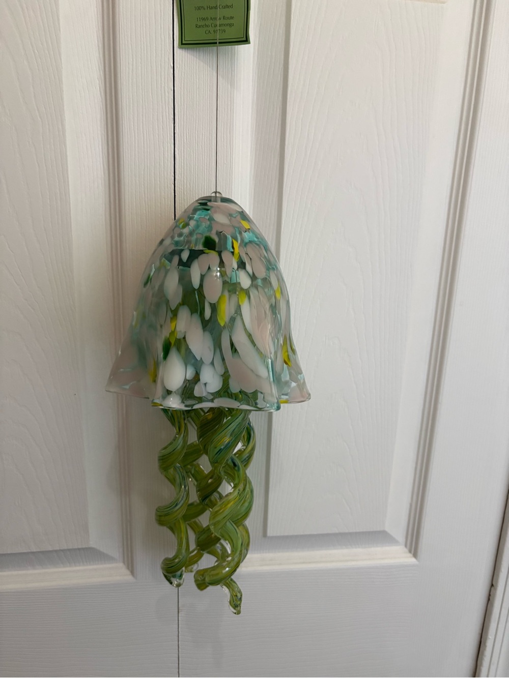 Handblown Green, Yellow & White Glass Bell Wind Chime with Hanging Accents